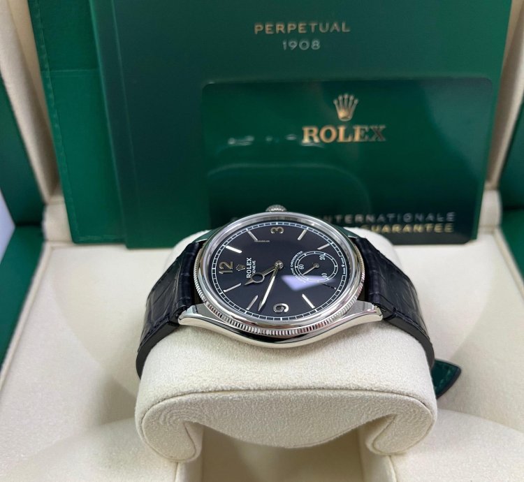 Rolex 1908 Domed And Fluted Bezel Black Index Arabic Dial Alligator Leather Strap 52509