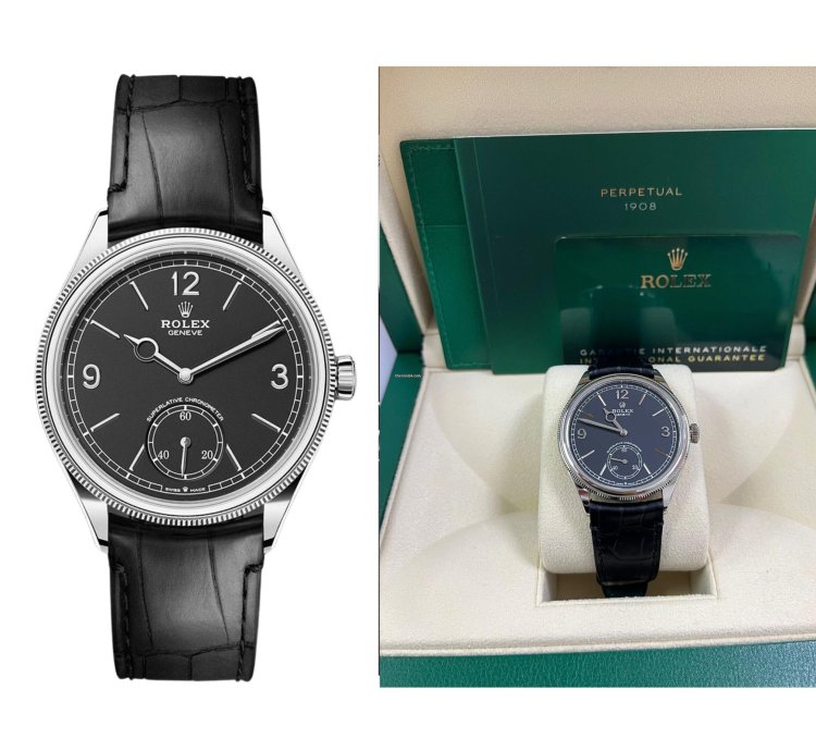 Rolex 1908 Domed And Fluted Bezel Black Index Arabic Dial Alligator Leather Strap 52509