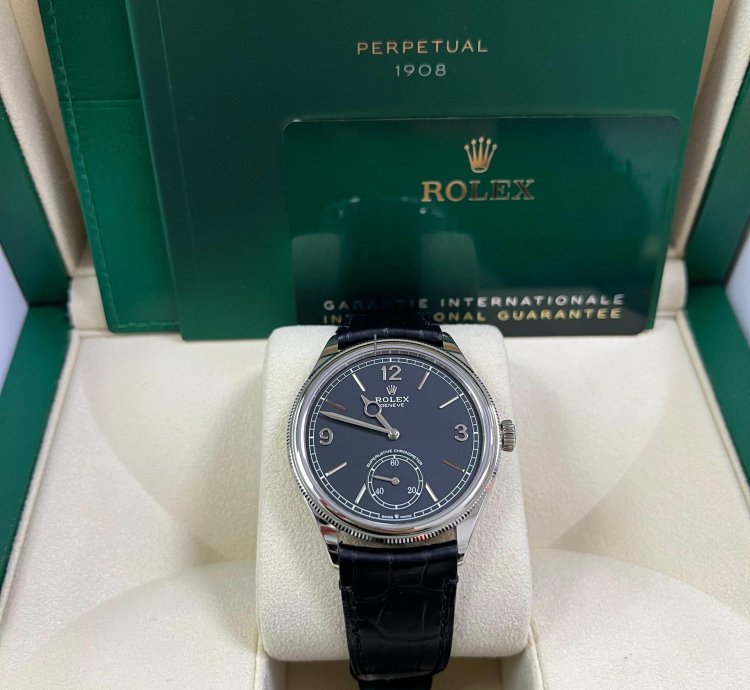 Rolex 1908 Domed And Fluted Bezel Black Index Arabic Dial Alligator Leather Strap 52509