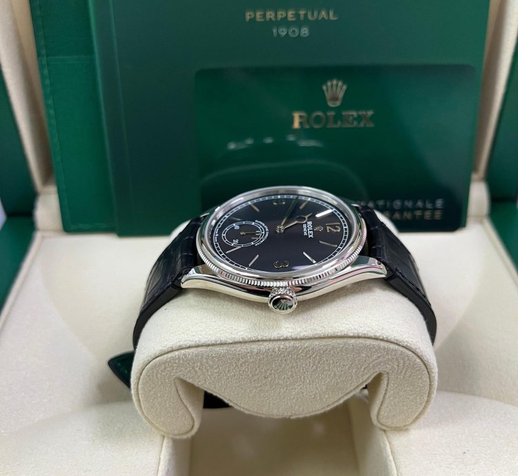 Rolex 1908 Domed And Fluted Bezel Black Index Arabic Dial Alligator Leather Strap 52509