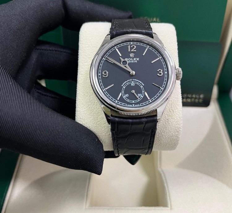 Rolex 1908 Domed And Fluted Bezel Black Index Arabic Dial Alligator Leather Strap 52509