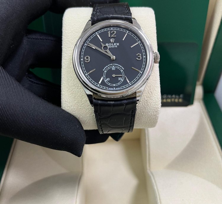 Rolex 1908 Domed And Fluted Bezel Black Index Arabic Dial Alligator Leather Strap 52509