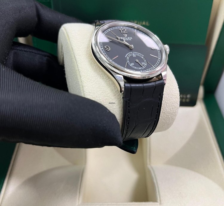 Rolex 1908 Domed And Fluted Bezel Black Index Arabic Dial Alligator Leather Strap 52509