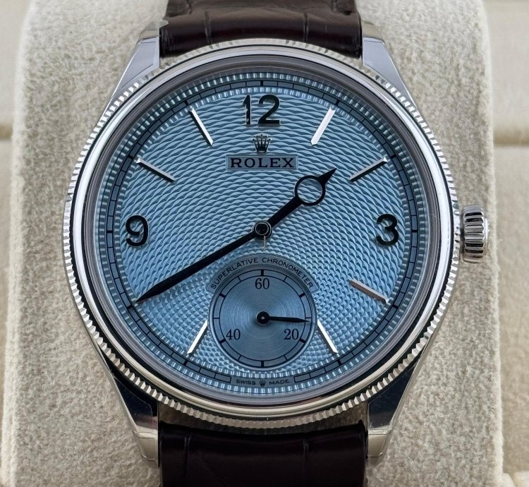 Rolex 1908 Ice Blue Dial Leather Strap Platinum
