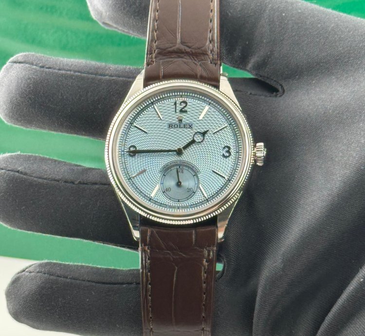 Rolex 1908 Ice Blue Dial Leather Strap Platinum