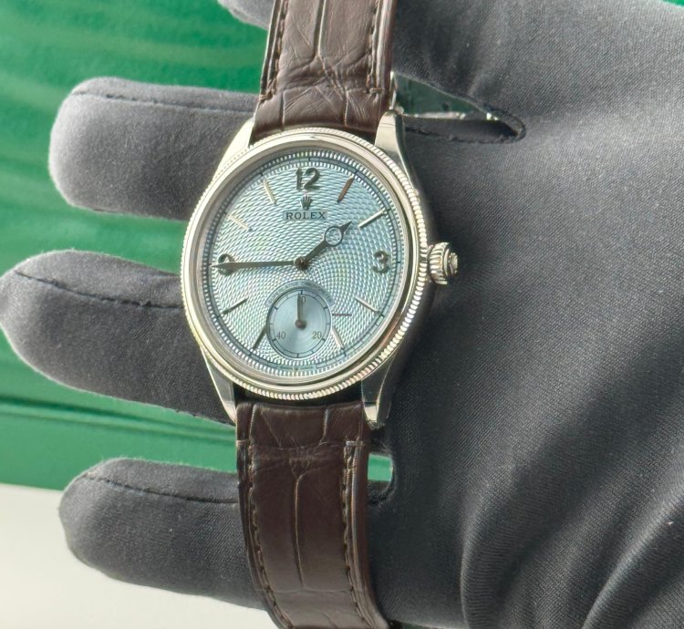 Rolex 1908 Ice Blue Dial Leather Strap Platinum