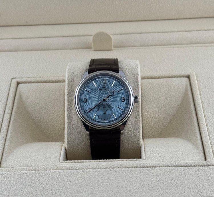 Rolex 1908 Ice Blue Dial Leather Strap Platinum
