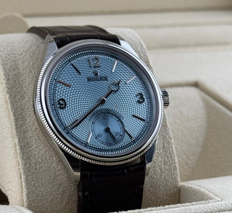 Rolex 1908 Ice Blue Dial Leather Strap Platinum