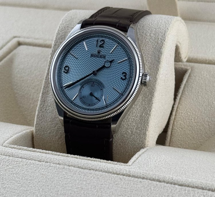 Rolex 1908 Ice Blue Dial Leather Strap Platinum