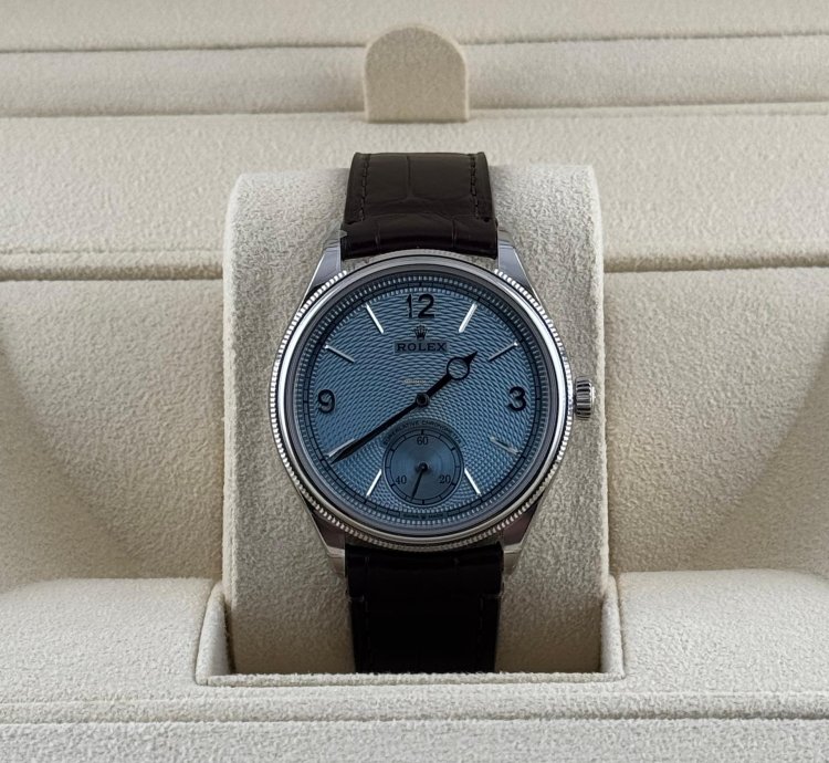 Rolex 1908 Ice Blue Dial Leather Strap Platinum