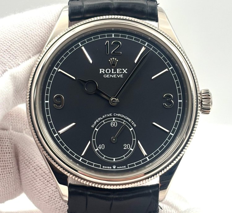 Rolex 1908 Unworn 1908 Black Dial White Gold Leather Strap 52509 Box Papers 2024
