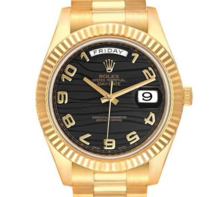 Rolex Day-date Ii 41mm Fluted Bezel Yellow Gold Black Arabic Wave Dial 218238