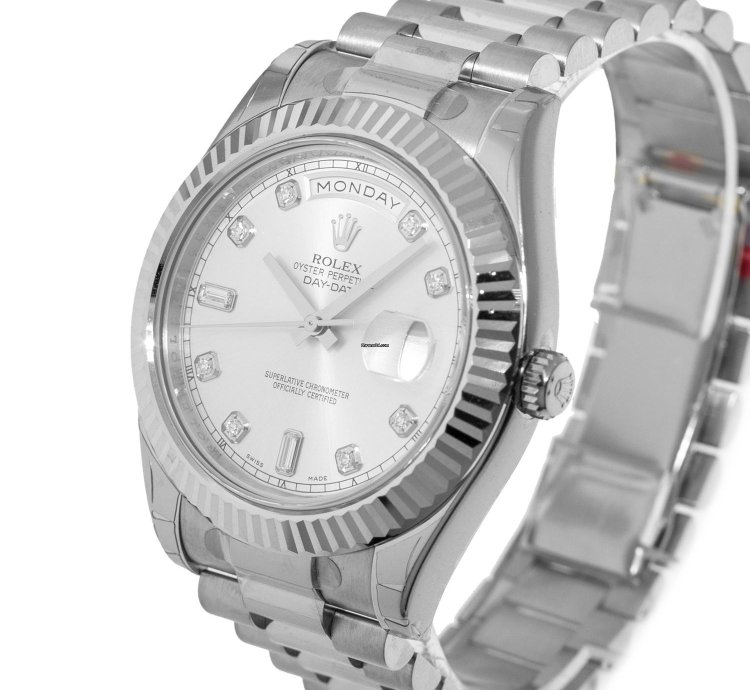 Rolex Day-date Ii 41mm New Old Stock White Gold Silver Diamond Dial Fluted Bezel 218239