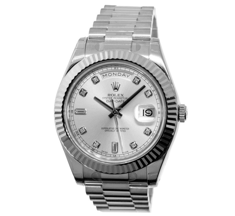Rolex Day-date Ii 41mm New Old Stock White Gold Silver Diamond Dial Fluted Bezel 218239