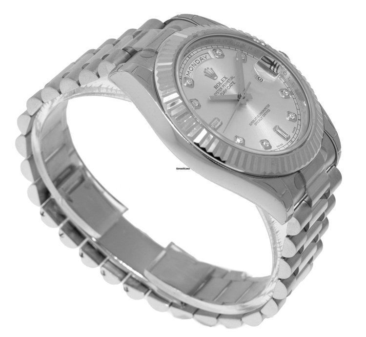 Rolex Day-date Ii 41mm New Old Stock White Gold Silver Diamond Dial Fluted Bezel 218239