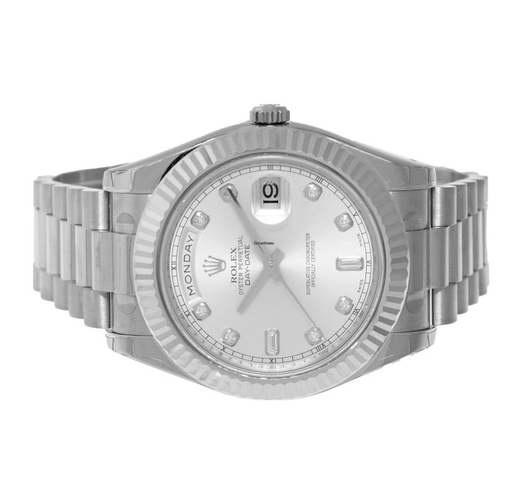 Rolex Day-date Ii 41mm New Old Stock White Gold Silver Diamond Dial Fluted Bezel 218239