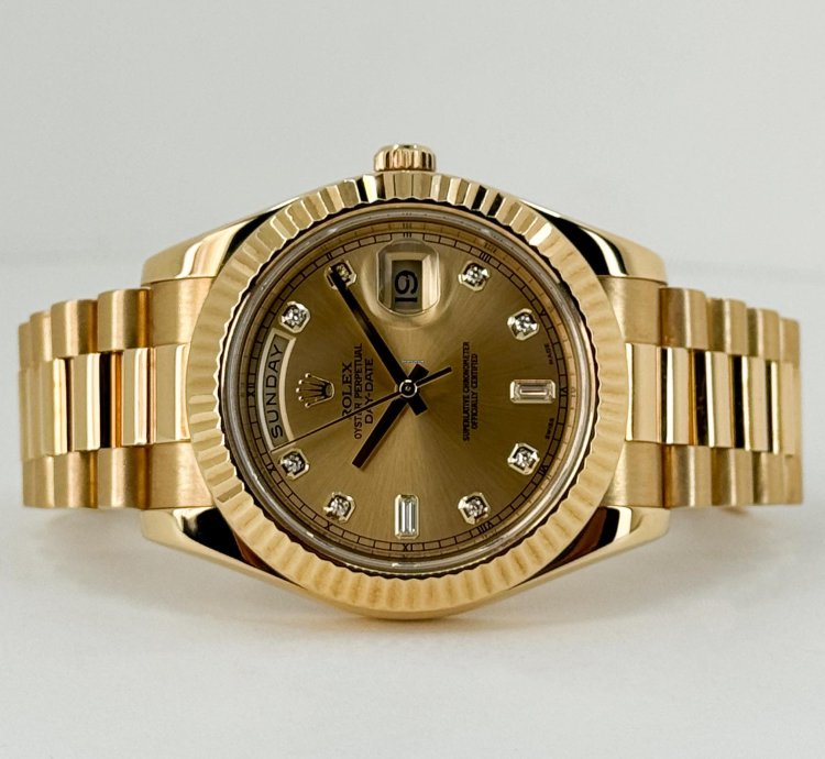 Rolex Day-date Ii 41mm Yellow Gold Fluted Bezel Champagne Diamond Dial Presidential Band