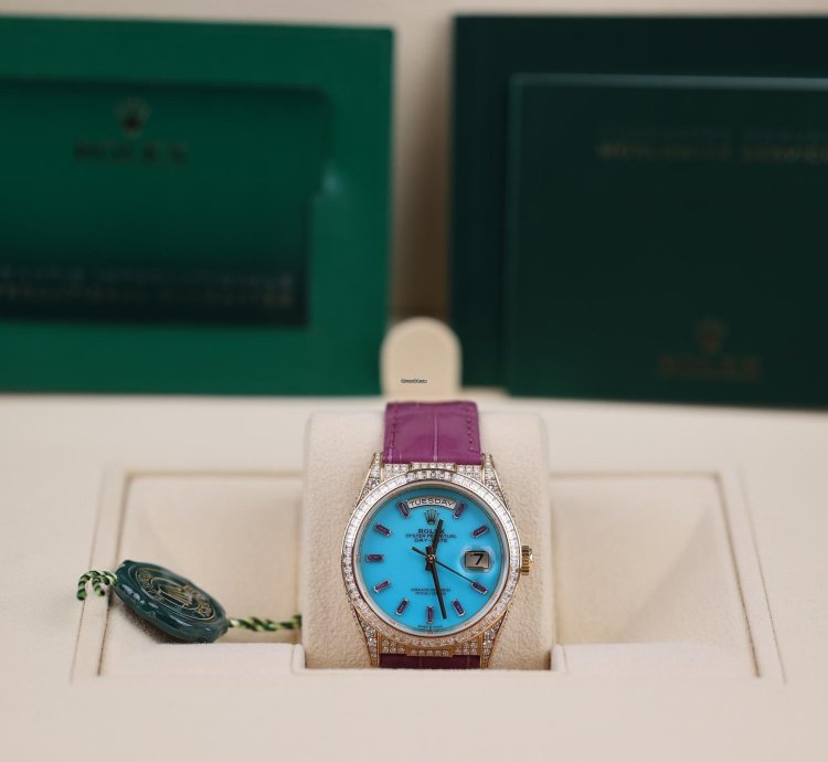 Rolex Day-date Purple Strap Blue Dial Factory Daydate Diamonds - 2023 - Lc100 - Neu Ungetragen - Fullse