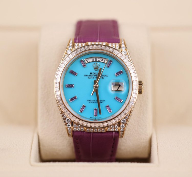 Rolex Day-date Purple Strap Blue Dial Factory Daydate Diamonds - 2023 - Lc100 - Neu Ungetragen - Fullse