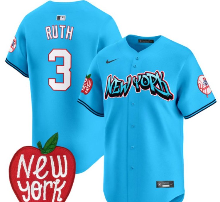Babe Ruth Jersey 3 New York Yankees Apple Patch Vapor Premier Limited Stitched Light Blue