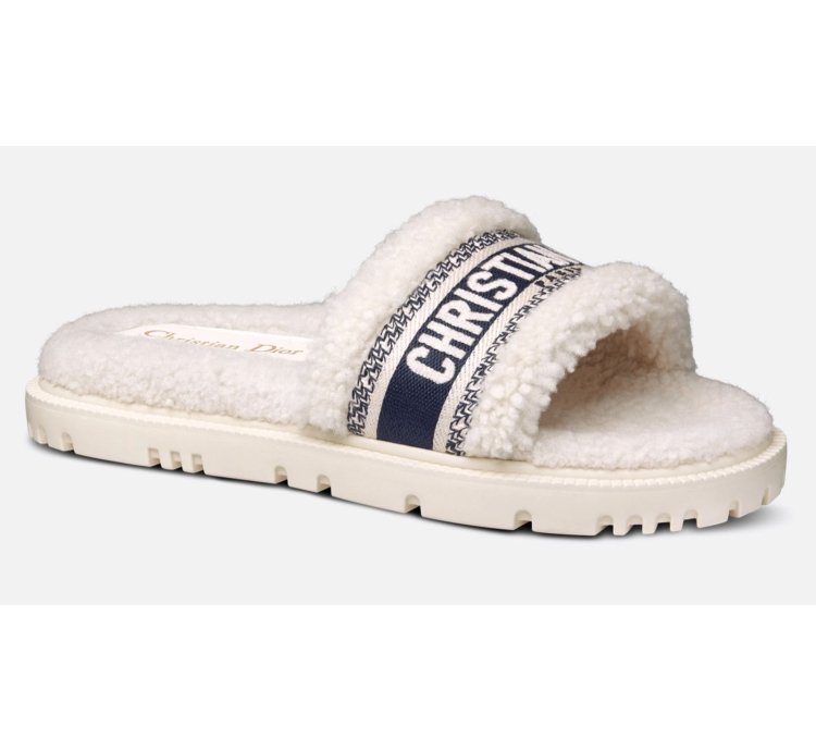 Christian Dior Dway Blue White Shearling Fur Slide