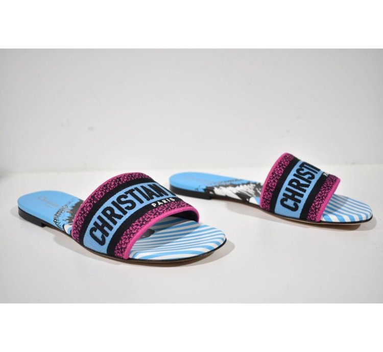 Christian Dior Dway Jungle Blue Embroidered Slide Sandal