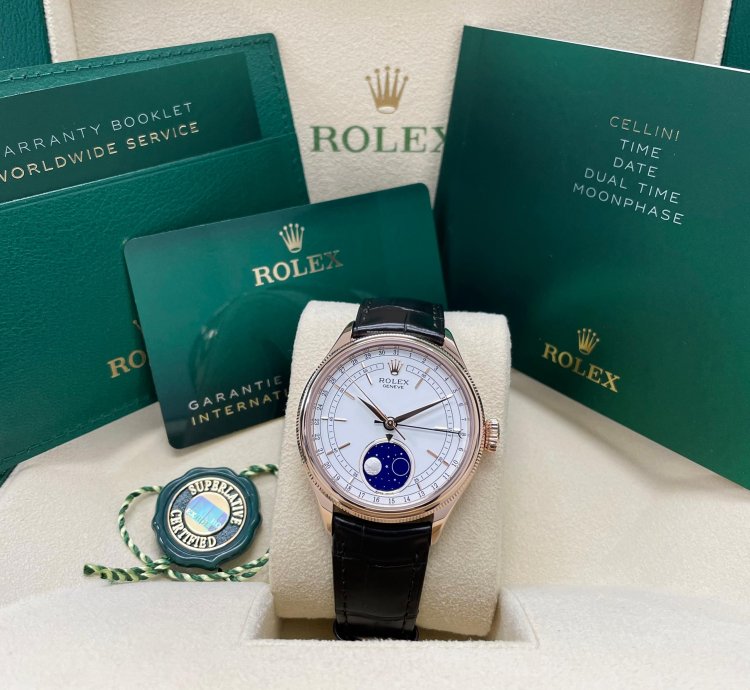 Rolex Cellini Moonphase New Cellini Moonphase 18k Rose Gold 39mm White Dial On Black Leather Strap