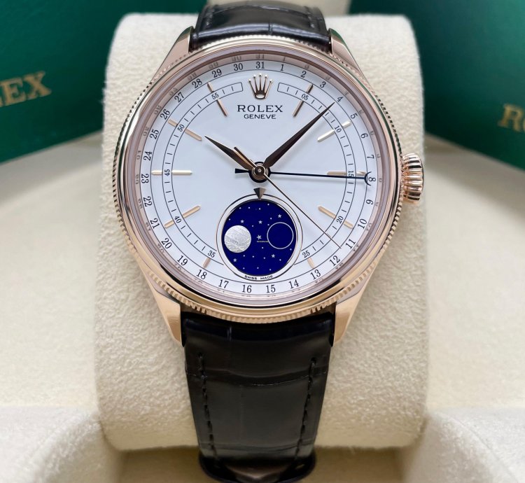 Rolex Cellini Moonphase New Cellini Moonphase 18k Rose Gold 39mm White Dial On Black Leather Strap