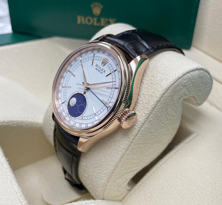 Rolex Cellini Moonphase New Cellini Moonphase 18k Rose Gold 39mm White Dial On Black Leather Strap