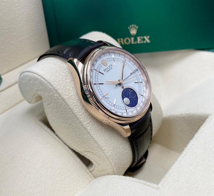 Rolex Cellini Moonphase New Cellini Moonphase 18k Rose Gold 39mm White Dial On Black Leather Strap
