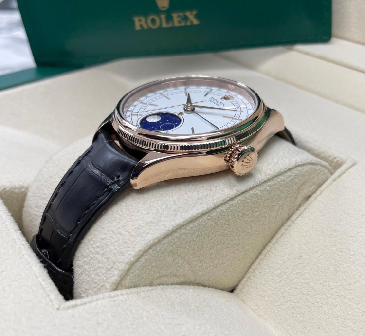 Rolex Cellini Moonphase New Cellini Moonphase 18k Rose Gold 39mm White Dial On Black Leather Strap