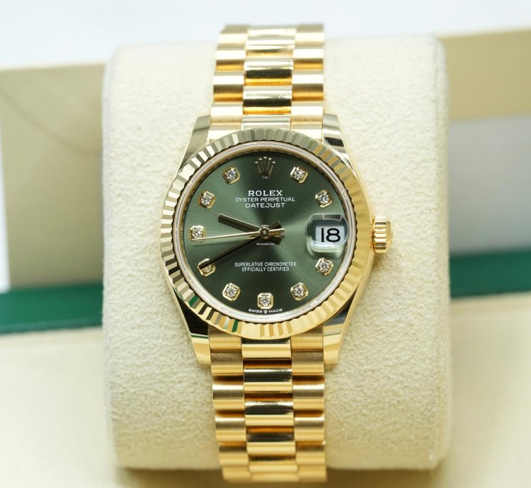 Rolex Datejust 31 2024 Yellow Gold Datejust 31 Factory Green Diamond Dial Unworn Box Papers 278278