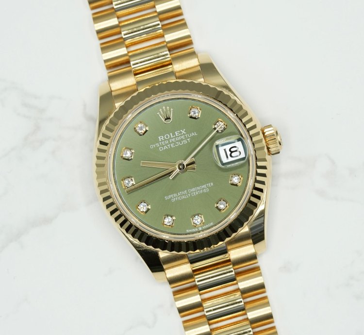 Rolex Datejust 31 2024 Yellow Gold Datejust 31 Factory Green Diamond Dial Unworn Box Papers 278278