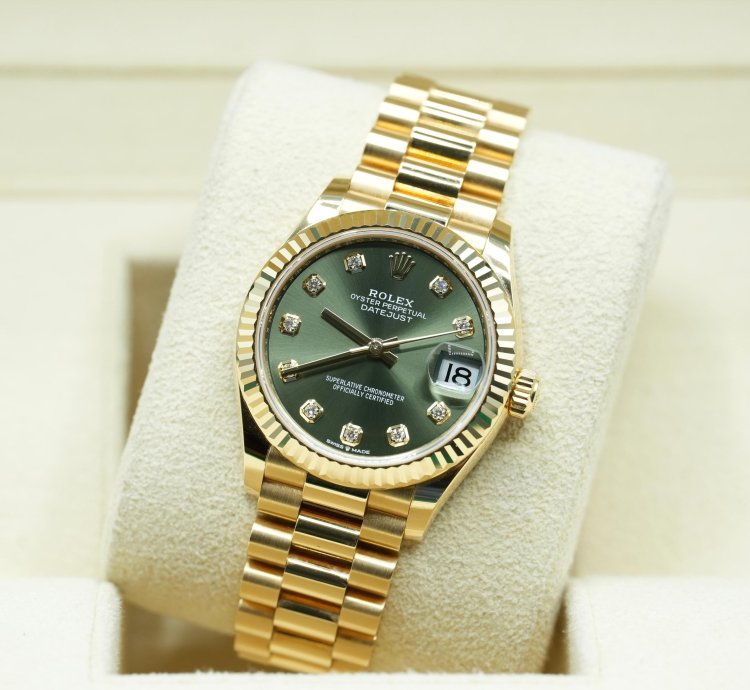 Rolex Datejust 31 2024 Yellow Gold Datejust 31 Factory Green Diamond Dial Unworn Box Papers 278278