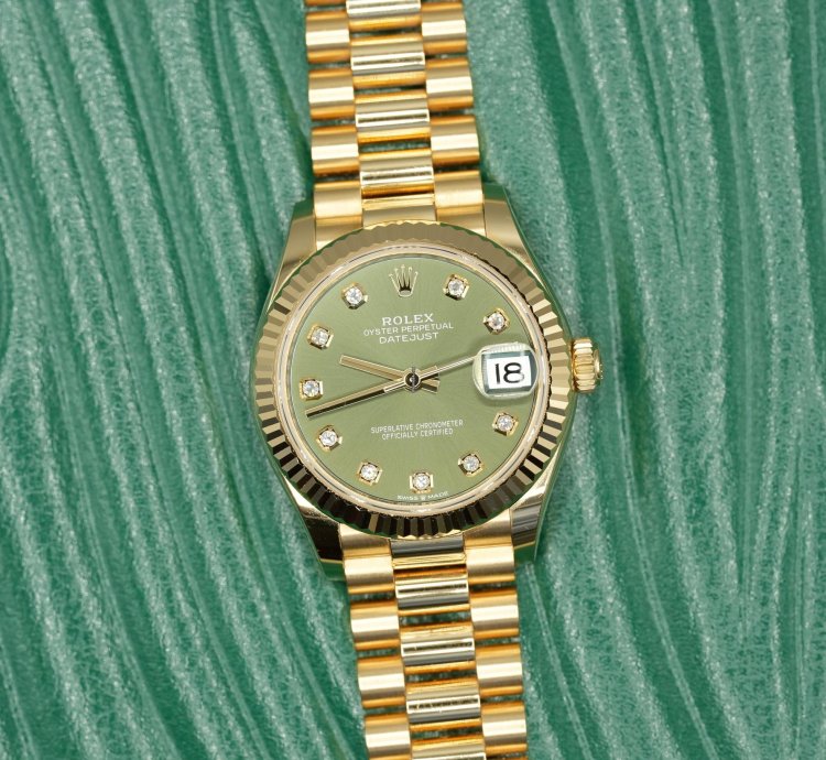 Rolex Datejust 31 2024 Yellow Gold Datejust 31 Factory Green Diamond Dial Unworn Box Papers 278278