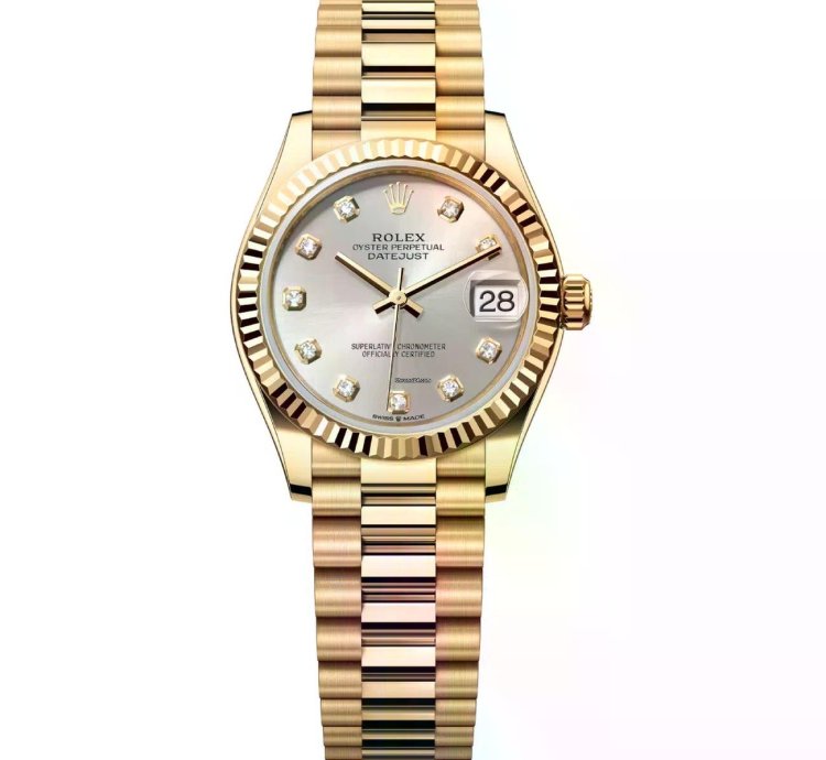 Rolex Datejust 31 278278-0034 Yellow Gold Silver Diamond Dial Fluted Bezel President Bracelet Watch