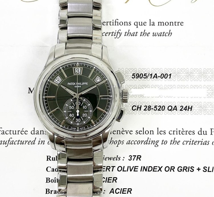 Patek Philippe Annual Calendar Chronograph Complications Stainless Steel Olive Green Dial 5905 1a-001