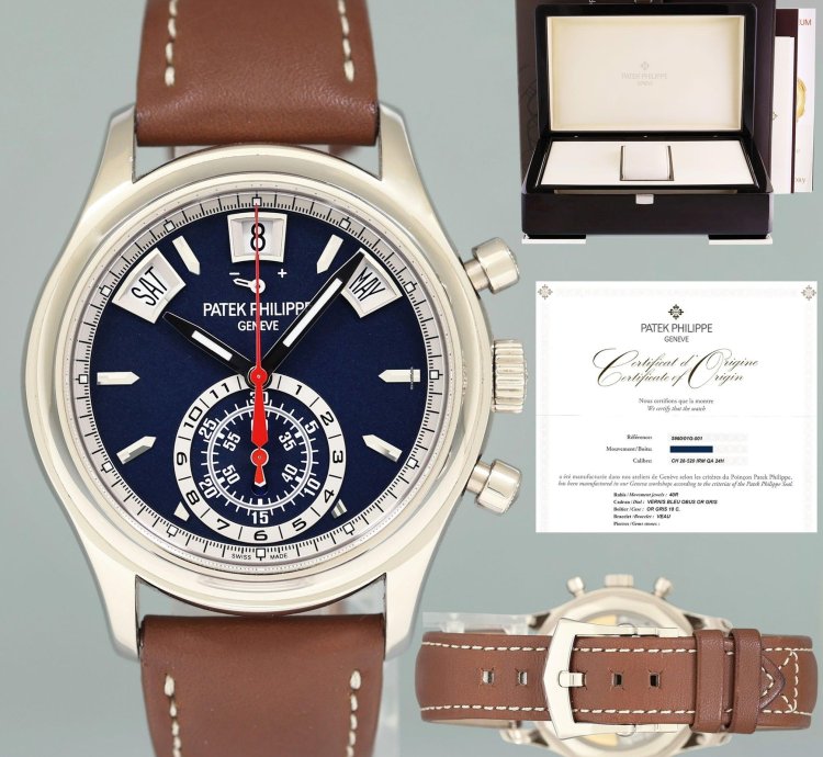 Patek Philippe Annual Calendar Chronograph Papers Mint 5960g White Gold Chrono Blue Calendar 40 5mm Watch