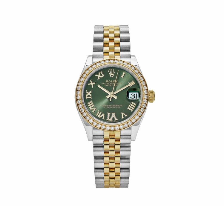 Rolex Datejust 31 278383rbr Ladies Yellow Gold Stainless Steel Green Roman Dial Diamond Bezel