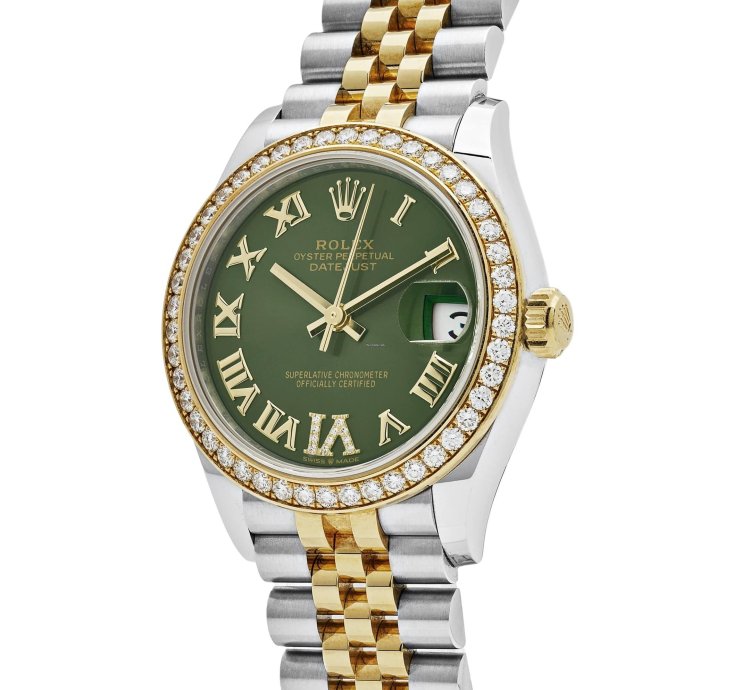 Rolex Datejust 31 278383rbr Ladies Yellow Gold Stainless Steel Green Roman Dial Diamond Bezel