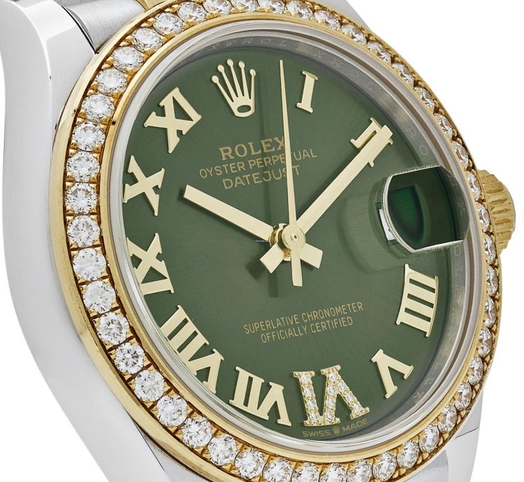 Rolex Datejust 31 278383rbr Ladies Yellow Gold Stainless Steel Green Roman Dial Diamond Bezel