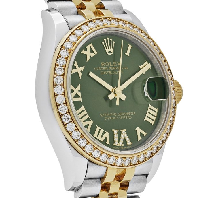 Rolex Datejust 31 278383rbr Ladies Yellow Gold Stainless Steel Green Roman Dial Diamond Bezel