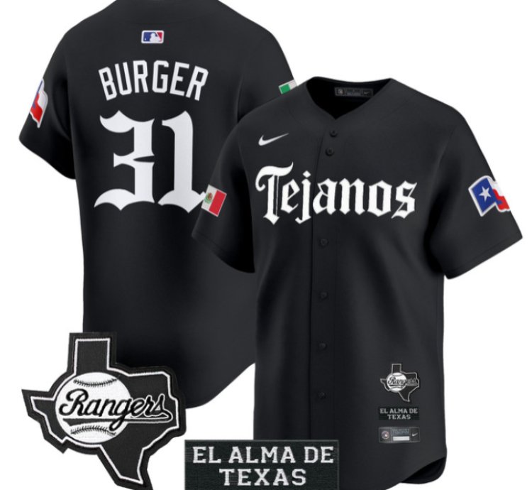 Jake Burger Jersey 31 Texas Rangers Mexico Tejano Barrio Style Vapor Limited Stitched Black