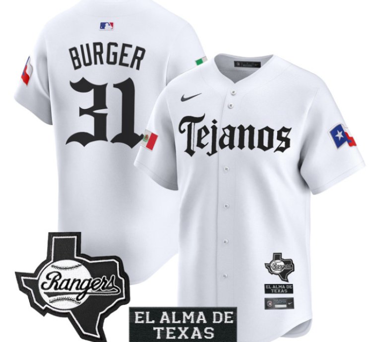 Jake Burger Jersey 31 Texas Rangers Mexico Tejano Barrio Style Vapor Limited Stitched White
