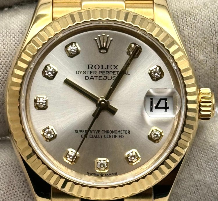Rolex Datejust 31 31mm Silver Diamond Dial Yellow Gold Presidential Bracelet 278278 Unworn 2024