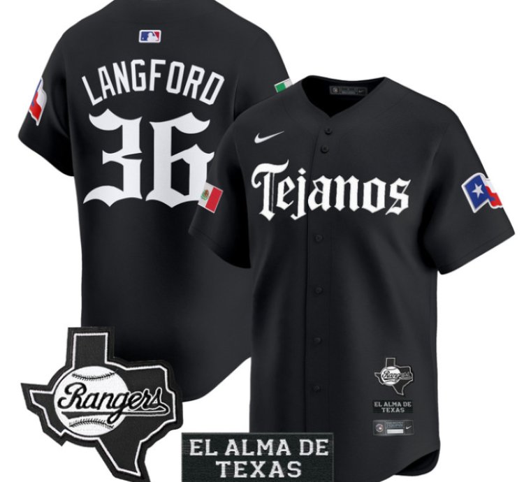 Wyatt Langford Jersey 36 Texas Rangers Mexico Tejano Barrio Style Vapor Limited Stitched Black
