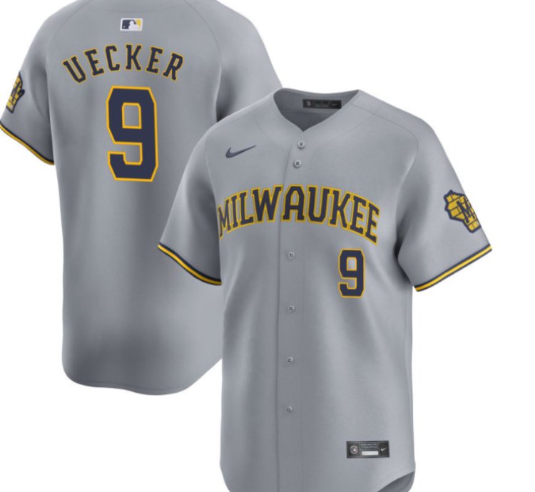 Men Bob Uecker 9 Milwaukee Brewers Away Jersey - Grey