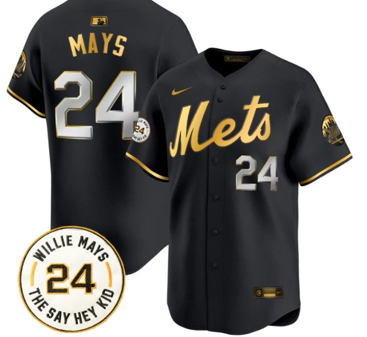 Willie Mays Jersey 24 New York Mets Willie Mays Patch Vapor Premier Limited Stitched Black Gold