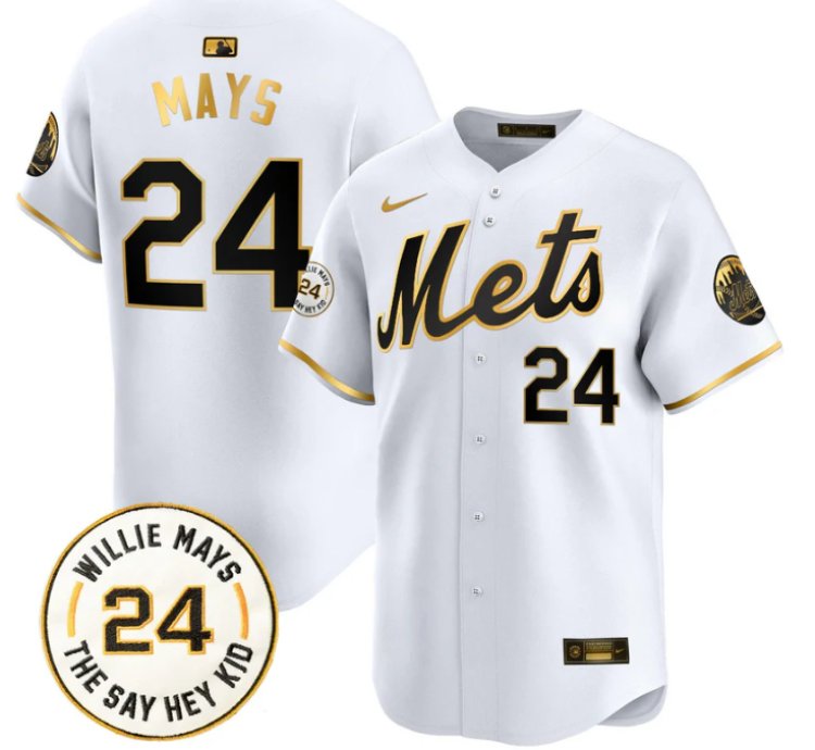 Willie Mays Jersey 24 New York Mets Willie Mays Patch Vapor Premier Limited Stitched White Gold