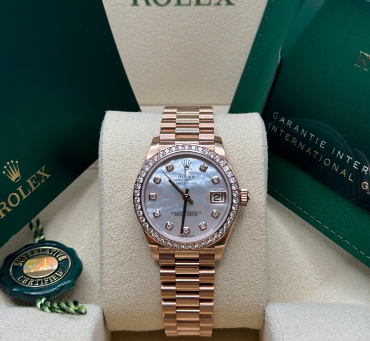 Rolex Datejust 31 New 2023 Mother Of Pearl Dial Diamond Bezel Rose Gold President Bracelet